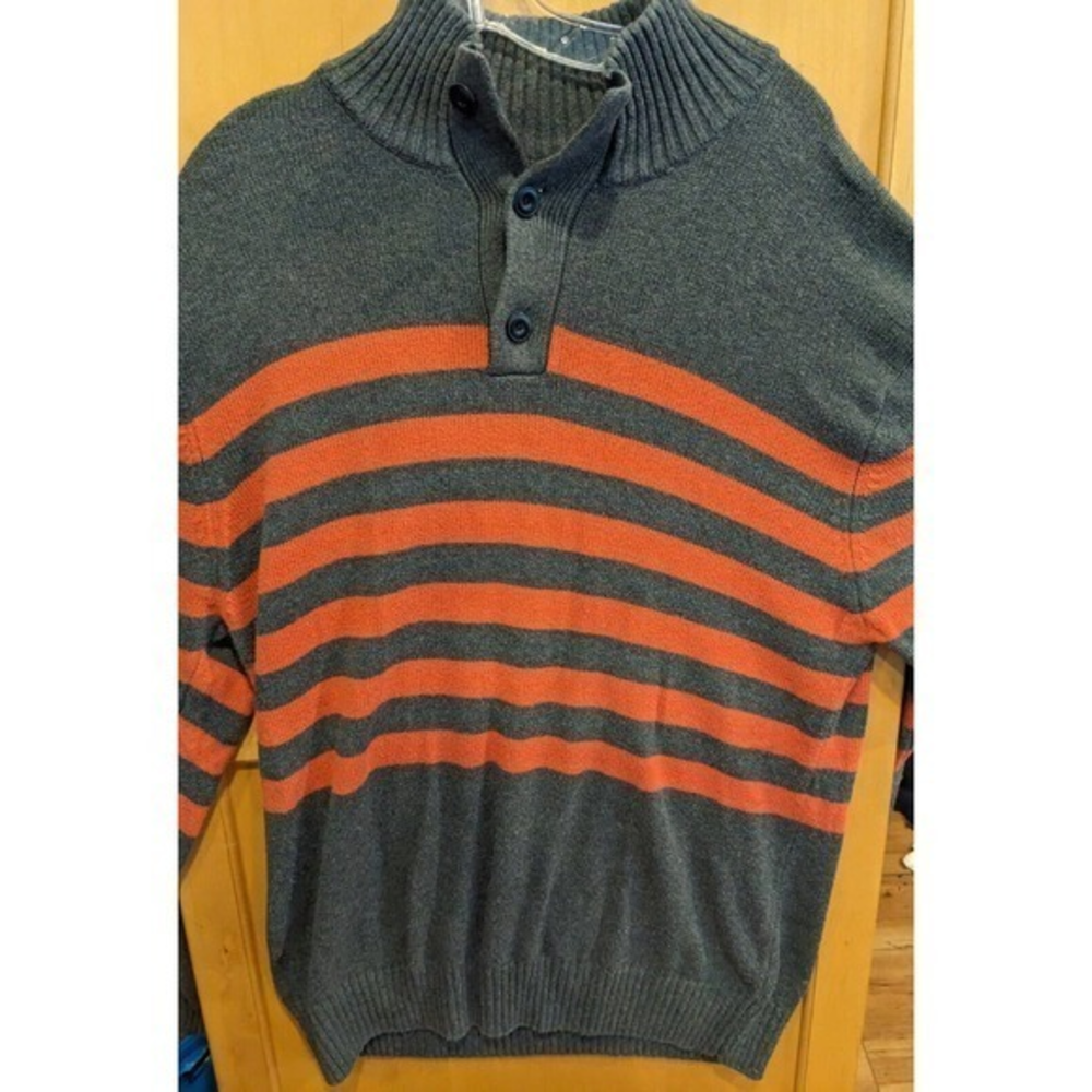 carbon Sweater mock neck Men XXL 2XL grey orange‎ Stripe Heavy Weight